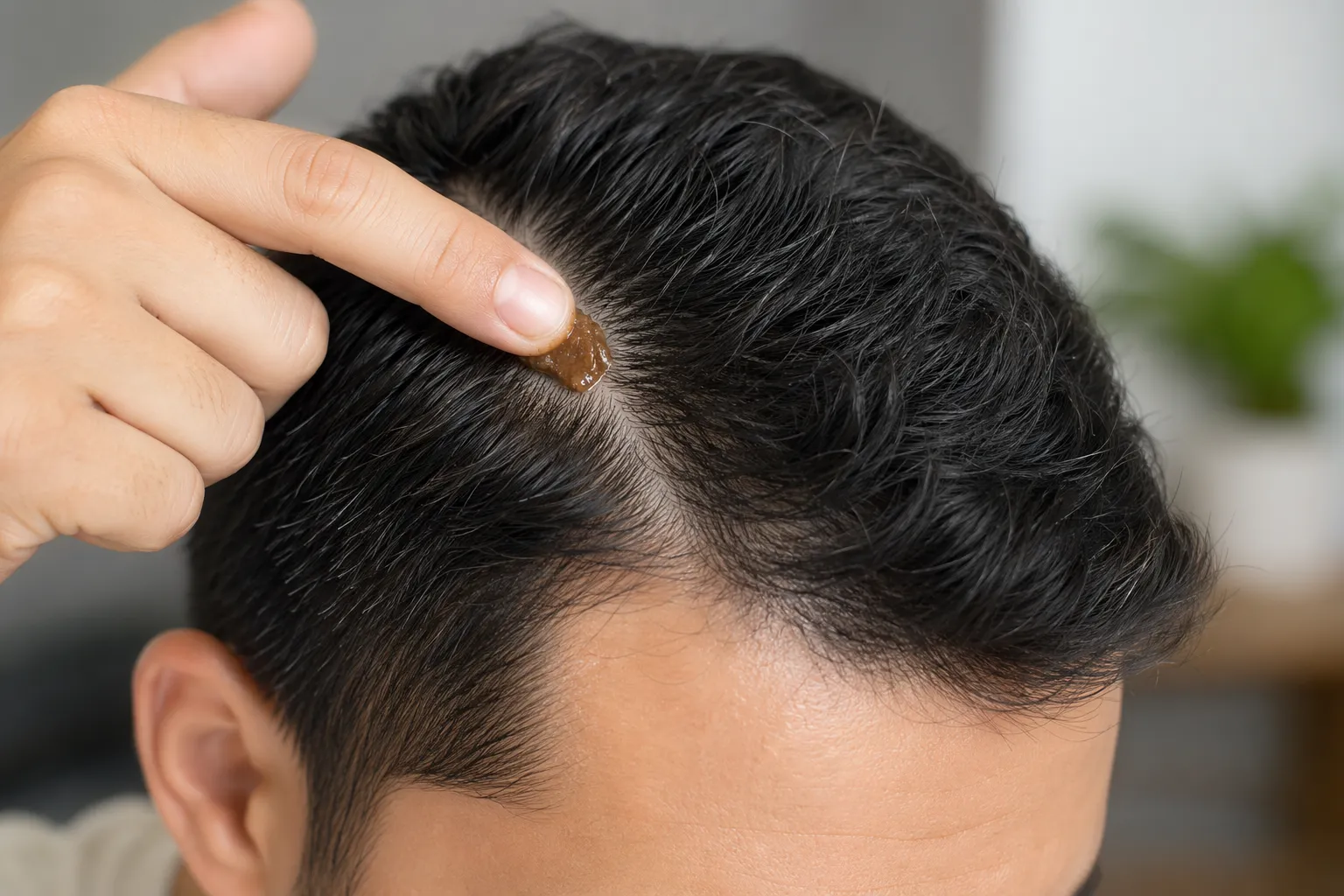 Medium brown balm applied directly to a man's scalp for regrowth support